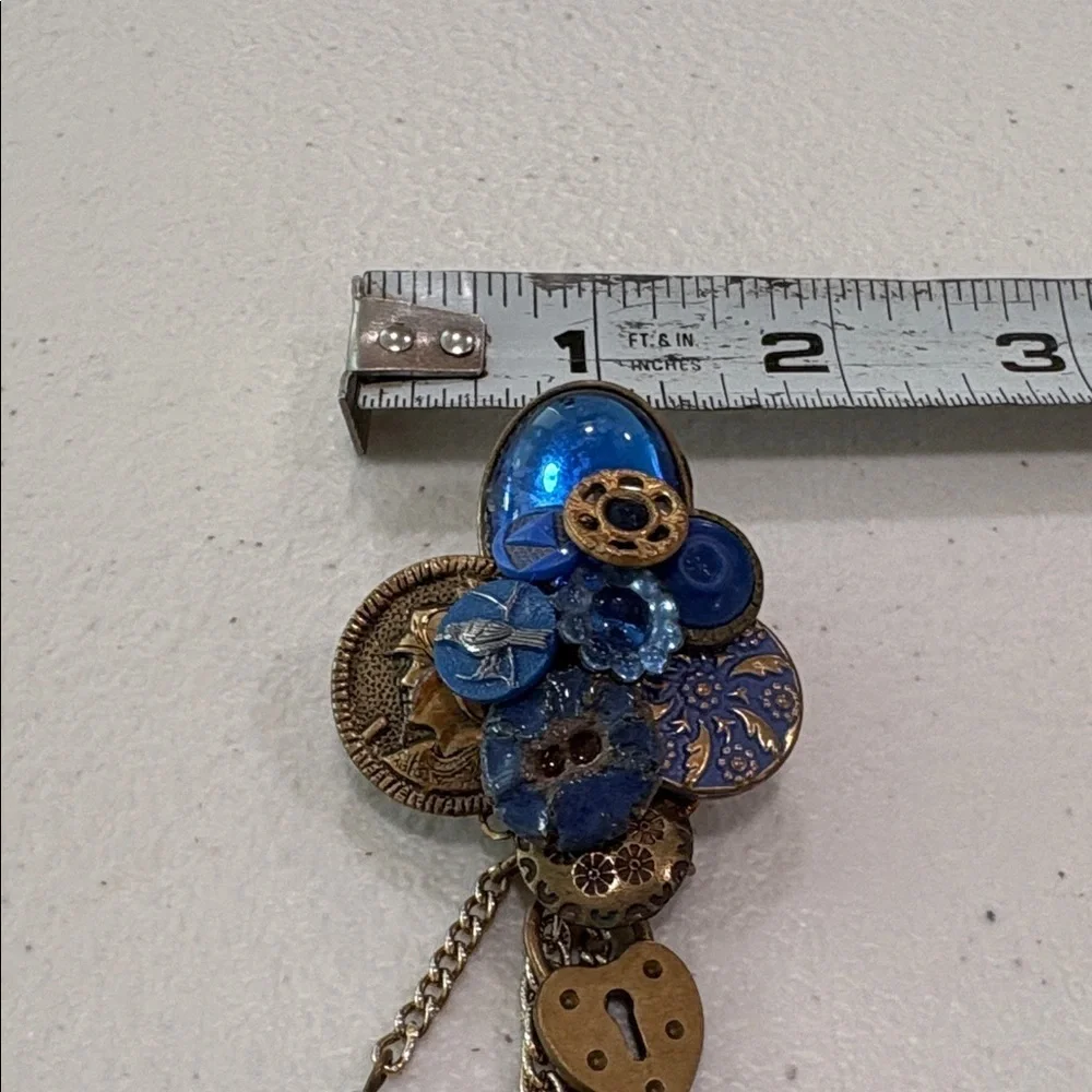 Vintage Glass & Metal Button Brooch with charms—BEAUTIFUL! Glass Beads—Artisan